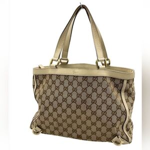 Authentic Gucci GG Canvas Leather Beige/White Tote Bag